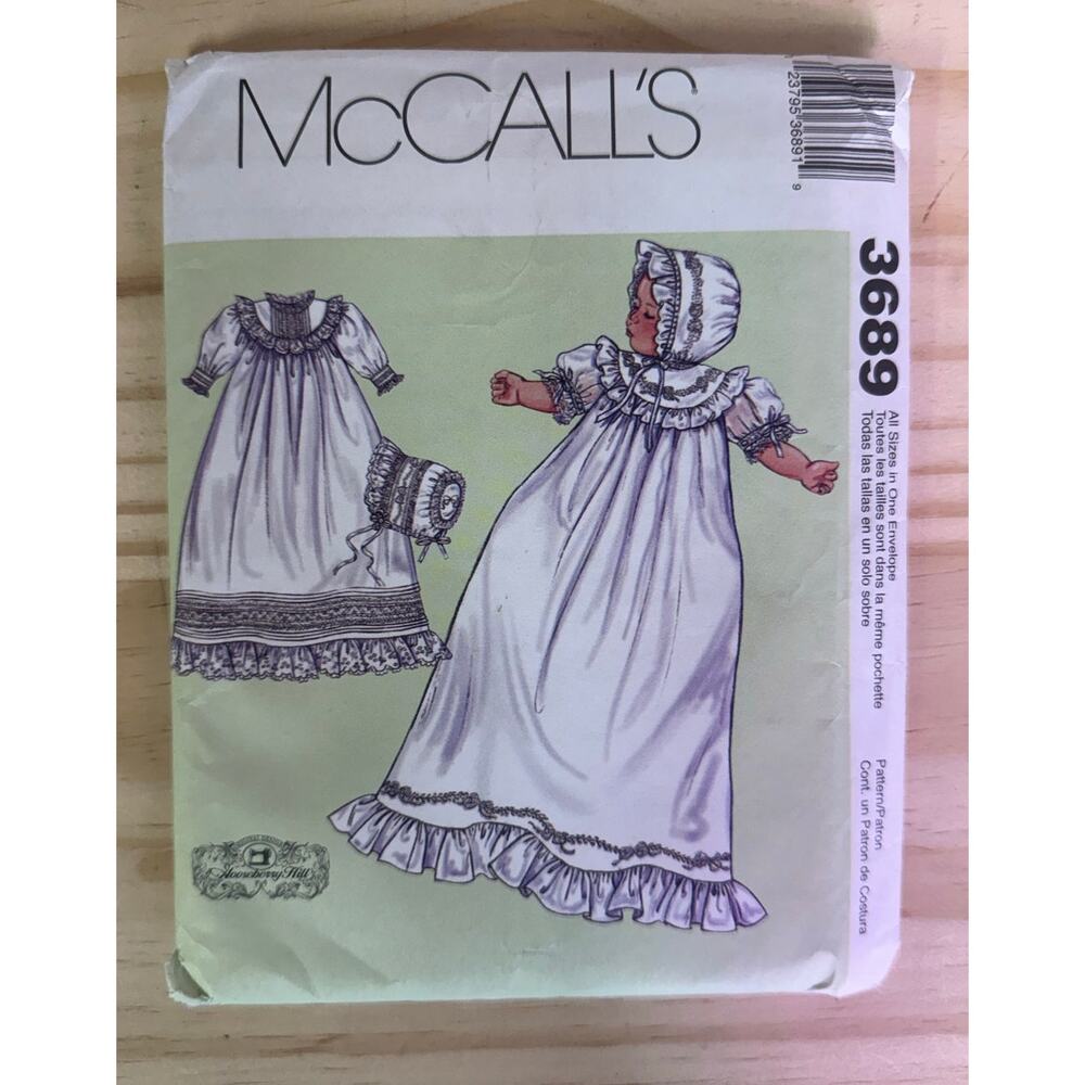 McCall's Pattern 3689 Baby Chistening Baptism Gown Bonnet Dress UNCUT FF